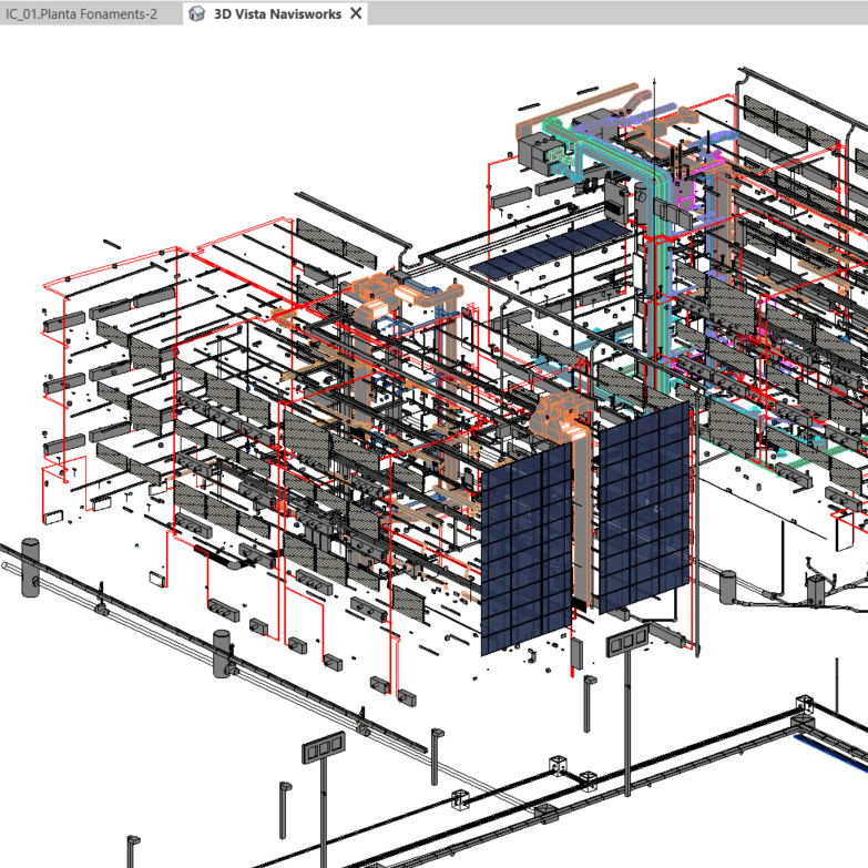 Detalle de la fachada en el modelo As-Built BIM del Instituto Maria Espinalt de Barcelona, destacando precisión arquitectónica y documentación digital avanzada.